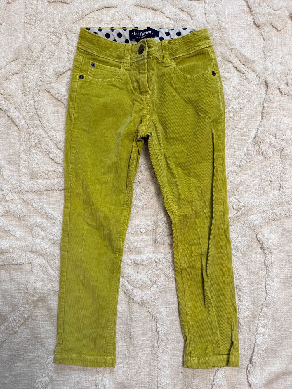 💚 Mini Boden Girls Lime Green Corduroy Skinny Pants Size 7Y EUC
